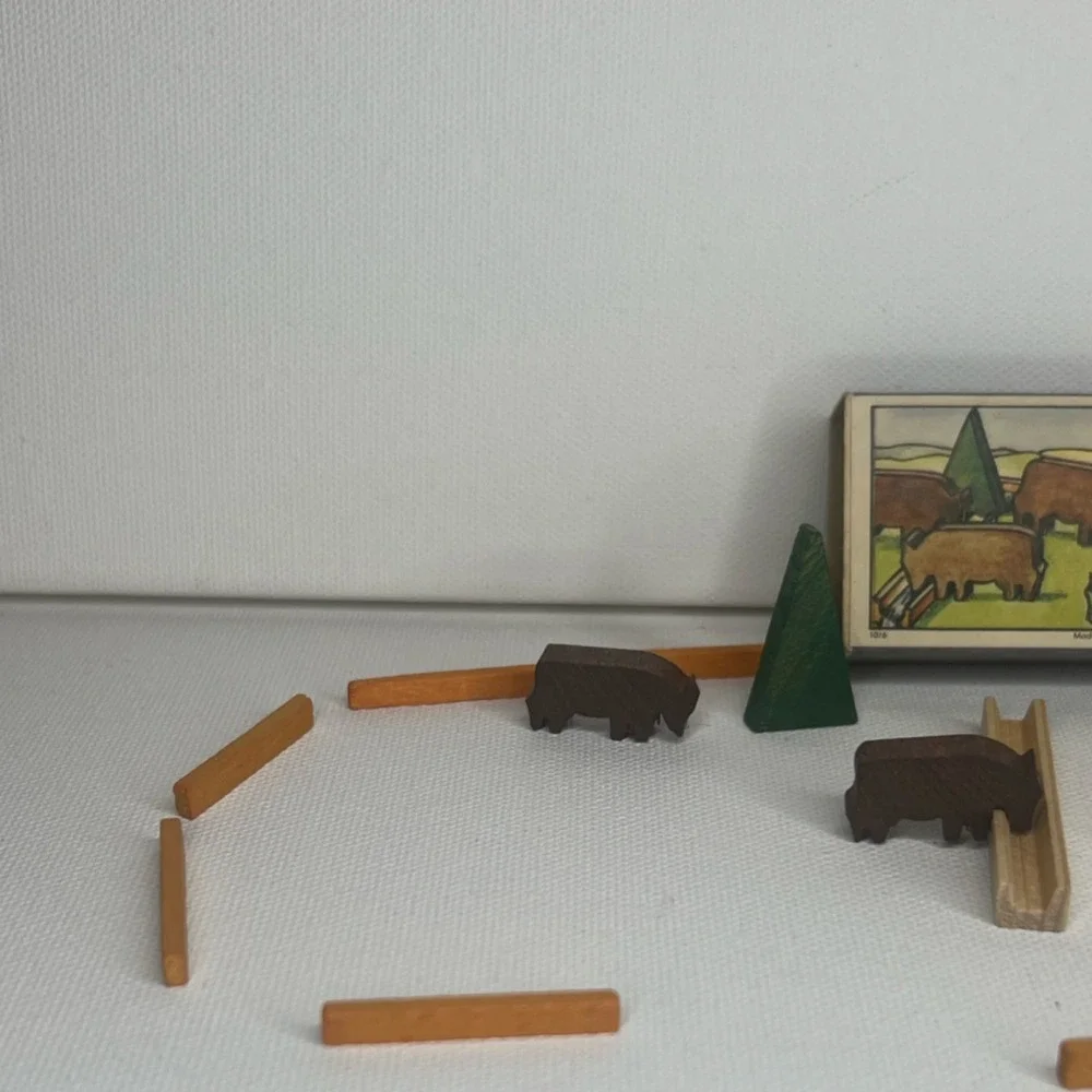 Vintage Wooden Buffalo Play Set w/ 4 Figures, Fence & Tree, Made Western Germany